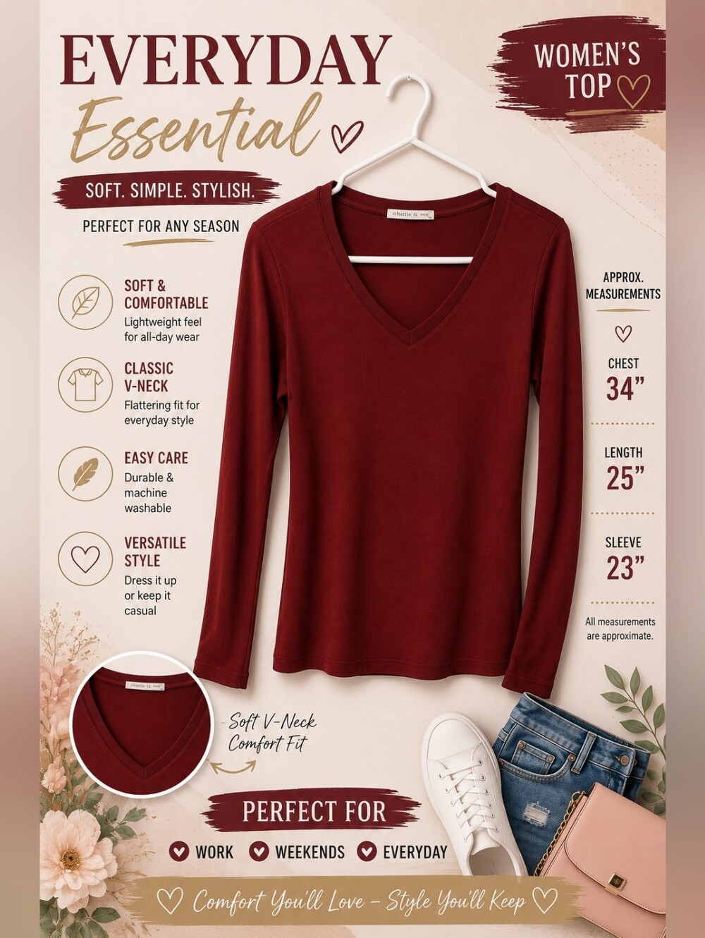 Active USA Burgundy V-Neck Long Sleeve Top Large